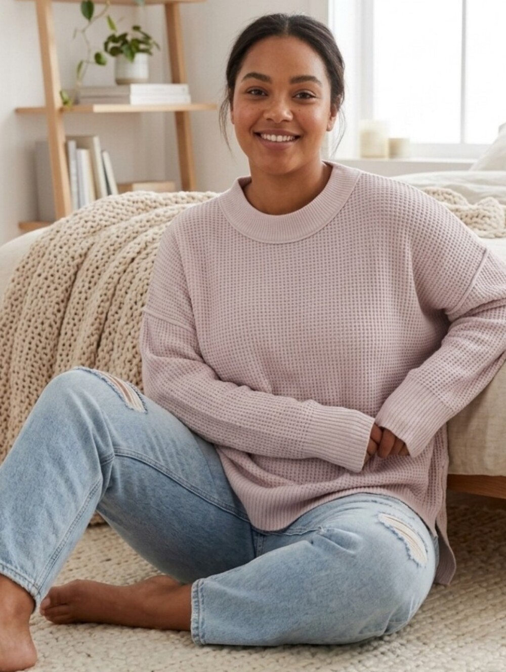 aerie Waffle-Knit Crew Sweater in Soft Mauve